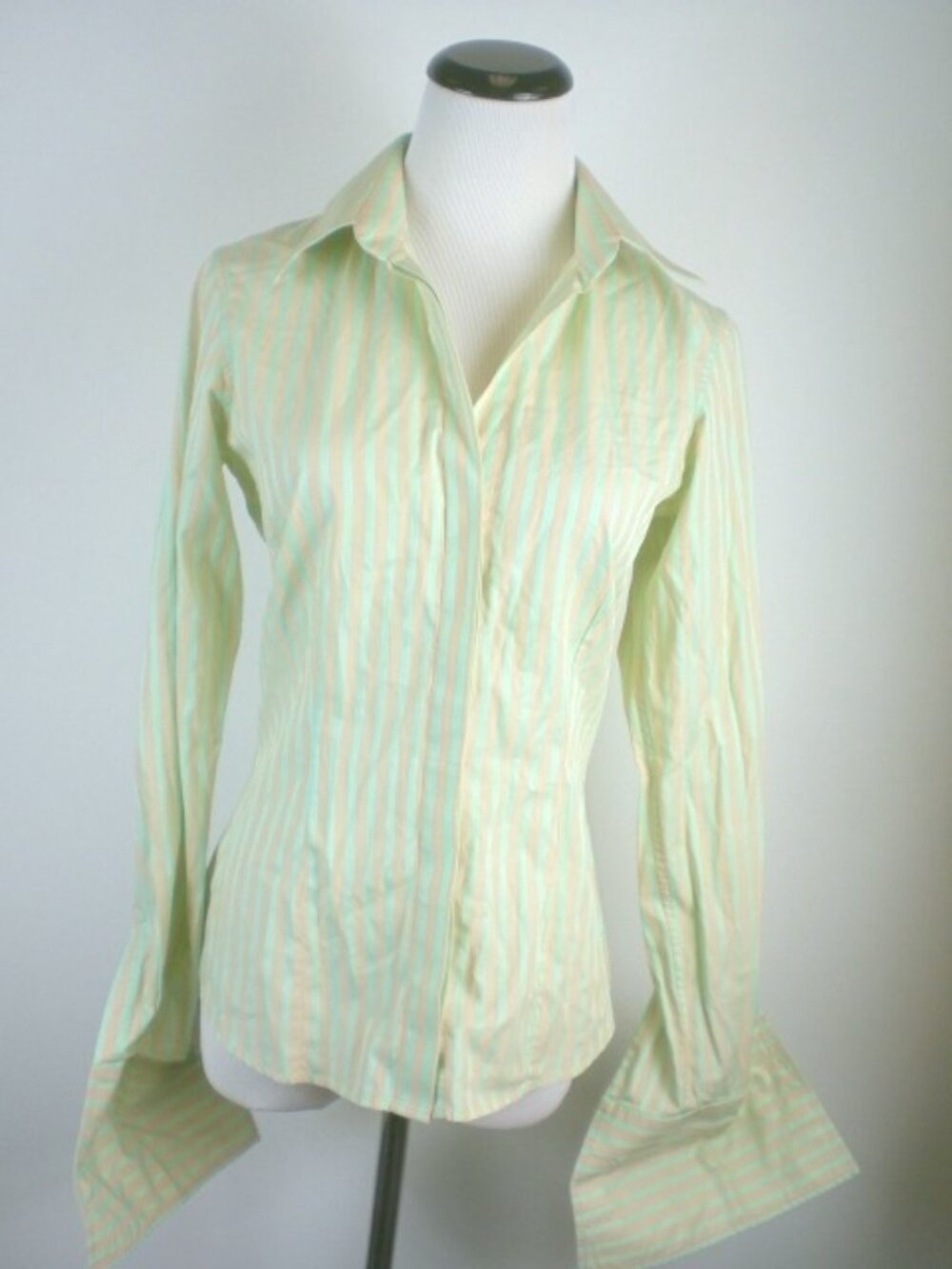 Thomas Pink tan green stripe cotton french cuff shirt 6
